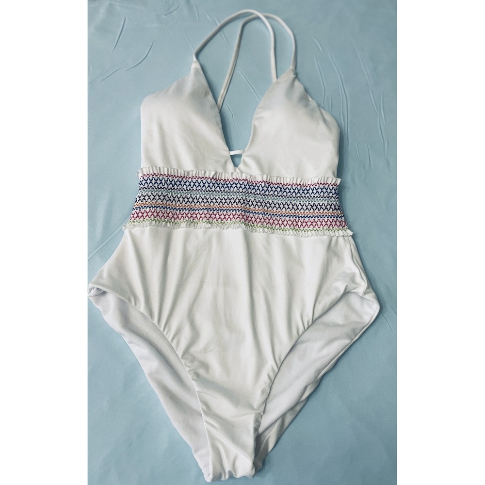 Bar III Swimsuit Womens Small White One Piece Smocked Waist Multicolor Trim Swim